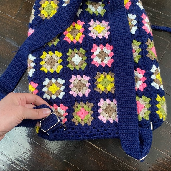 Handmade Crochet Granny Square Knit Backpack Purse - Picture 9 of 11